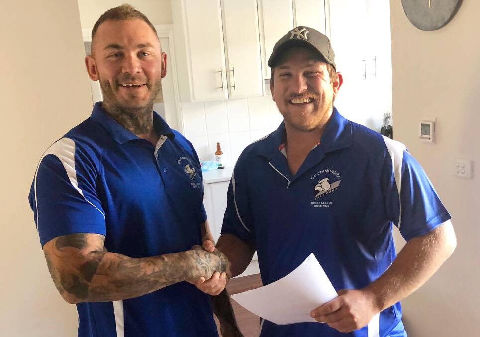 COMING ON BOARD: Former Young captain-coach James Woolford is welcomed by new co-coach Chris Maher after signing with Cootamundra.