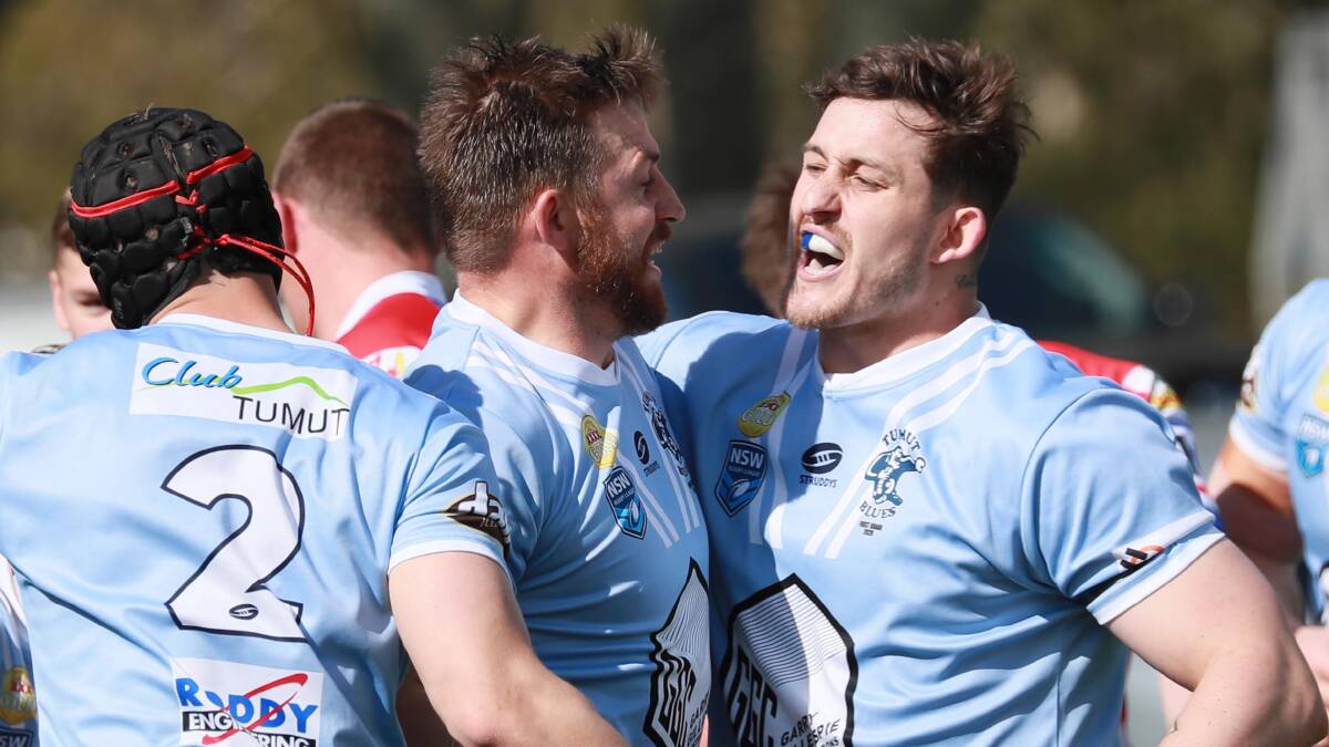 Jed Pearce celebrates brother Adam's try last week as they booked their place in the grand final.