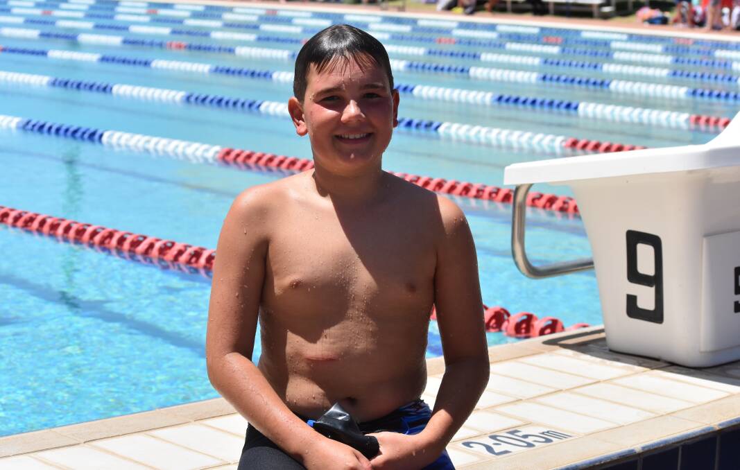BIG EFFORT: Fletcher Gregurke set five new records at Henschke Primary School's swimming carnival at Oasis on Monday. Picture: Courtney Rees