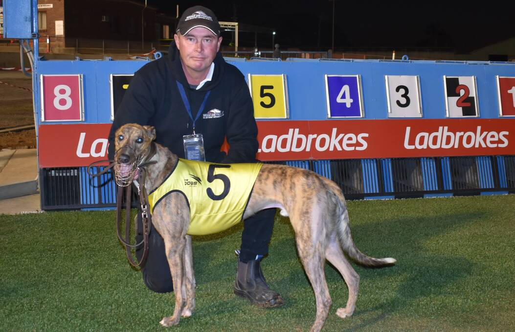 SWEET SUCCESS: Holbrook trainer Dirk Bosman celebrates Kelan Bale's return to form after a tight victory during an entertaining program at Wagga on Sunday night. Picture: Courtney Rees