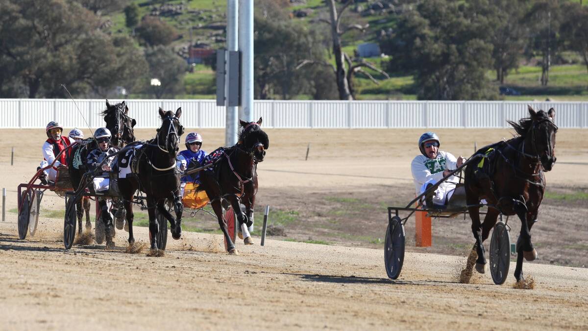 AWAY SHE GOES: Lenas Art makes it two wins in three days as Jackson Painting urges her to the line at Riverina Paceway on Friday. Picture: Les Smith