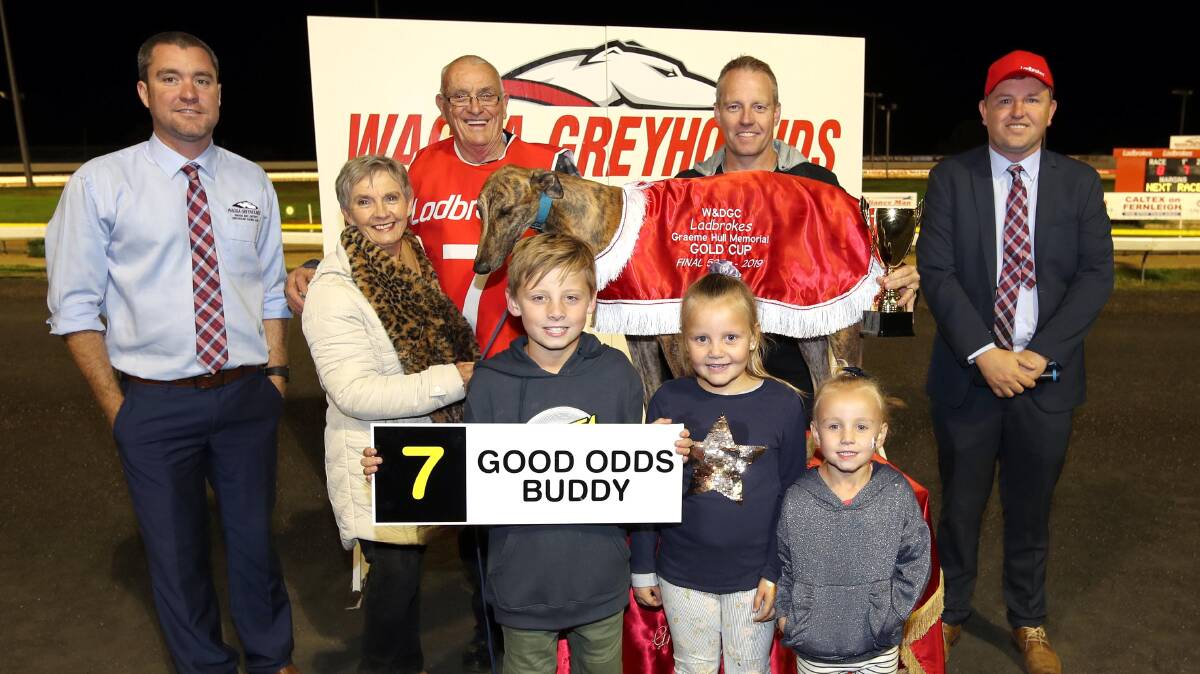 Frank Hurst celebrates Good Odds Buddy's win the Graeme Hull Memorial Wagga Gold Cup on Friday night.