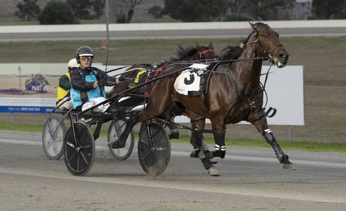 JUST TOO GOOD: Mossman on his way to victory in the Menangle Country Series heat at Riverina Paceway.