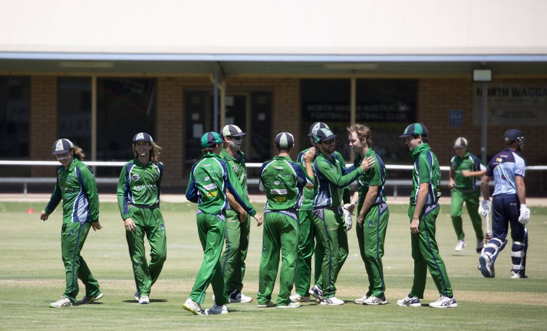 GOT HIM: Wagga City celebrate another wicket in their win over South Wagga at McPherson Oval on Saturday to see them move into top spot. Picture: Madeline Begley