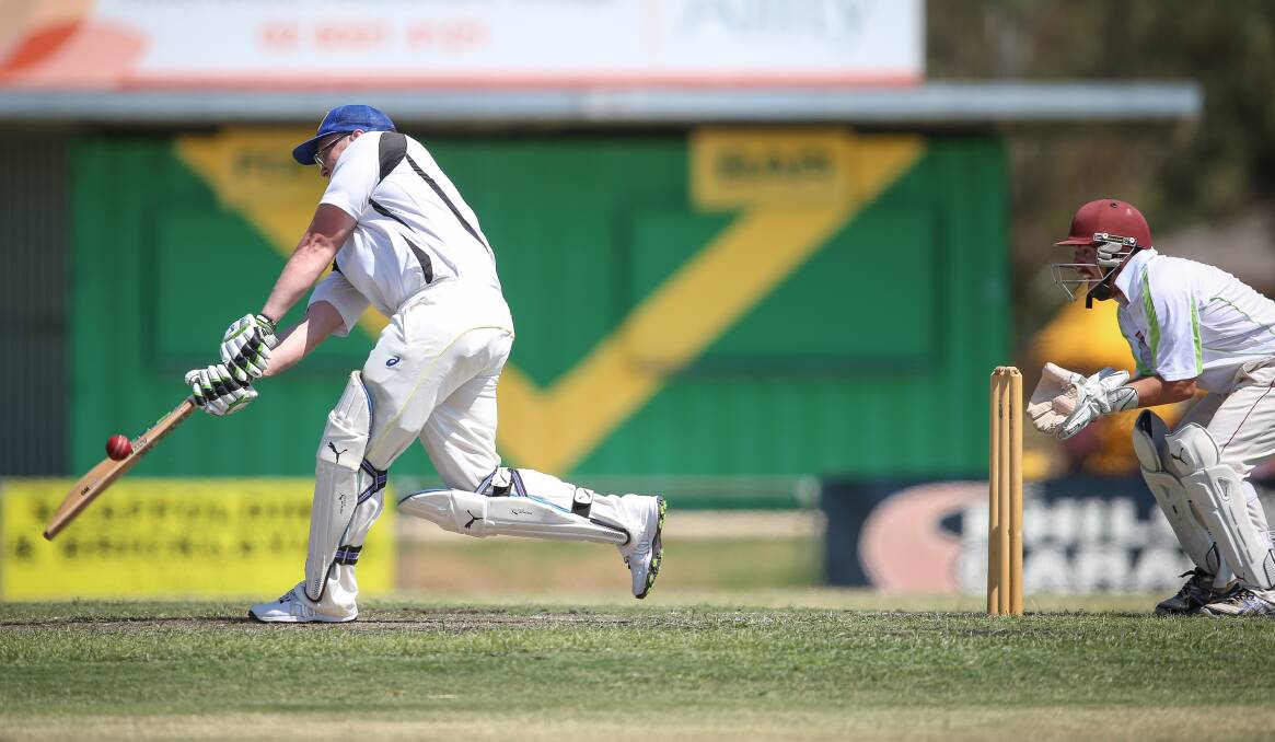 TOUGH DAY OUT: Allan Neal tries to get the Yass innings going in their big loss to Albury in the O'Farrell Cup on Sunday. Picture: The Border Mail