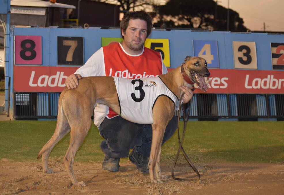 LUCKY CHARM: We Gotta Million and handler Arron Gould after winning at Wagga on Sunday night. He was the second winner of the night for the Oakman family. Picture: Courtney Rees