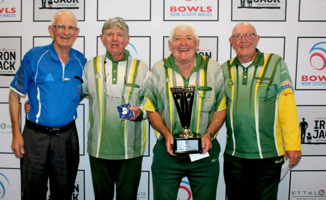 ON TOP: Bowls NSW president and Wagga patron Vince Beard celebrates John Hetherington, Pedro Rudd and Doug Kinder's state senior triples title.