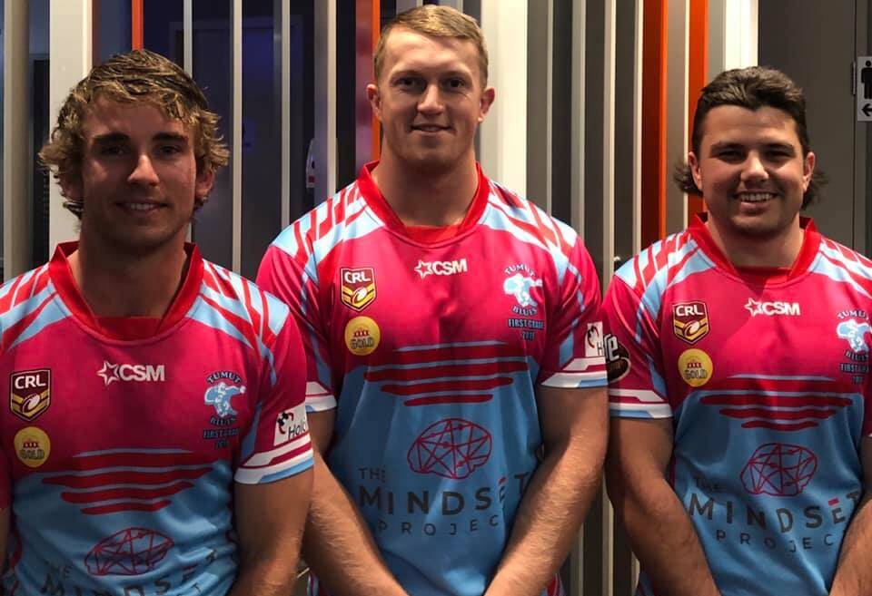 Jason Webb, Zac Masters and Todd Broad in Tumut's special jumpers for the clash with Gundagai on Saturday.