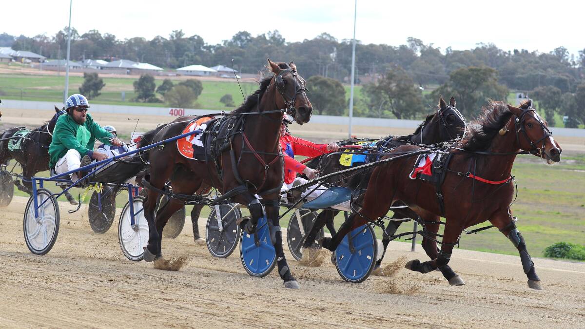 STORMING HOME: Tubbee Tee charges around his rivals to win the HRNSW Rewards Series final for driver Daryll Perrot and trainer Ron Tarbit at Riverina Paceway on Friday. Picture: Les Smith