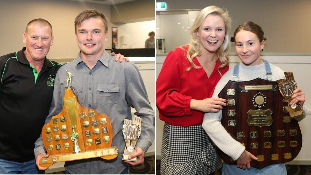 TEENAGE SENSATIONS: Riley Makeham, with by Dennis Girling, and Clara Dobbie, with Emily Paul, were named best and fairest in the Wagga Hockey competitions.