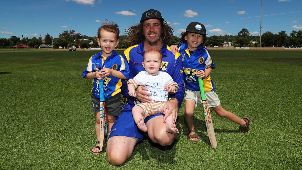 SPECIAL DAY: Kooringal Colts captain Keenan Hanigan, with sons, Bowie, 3, Koa, 9 months and Hudson, 4, will play his 100th first grade match for the club on Saturday. Picture: Emma Hillier