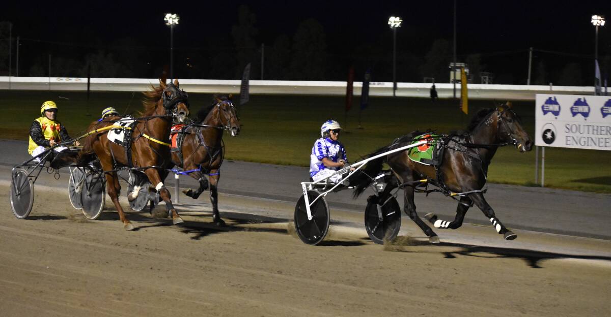 KEEPS ON WINNING: The Tiger Army and Laura Crossland made it three from three]
in the first heat of the MIA Breeders Plate on Friday night. Picture: Courtney Rees