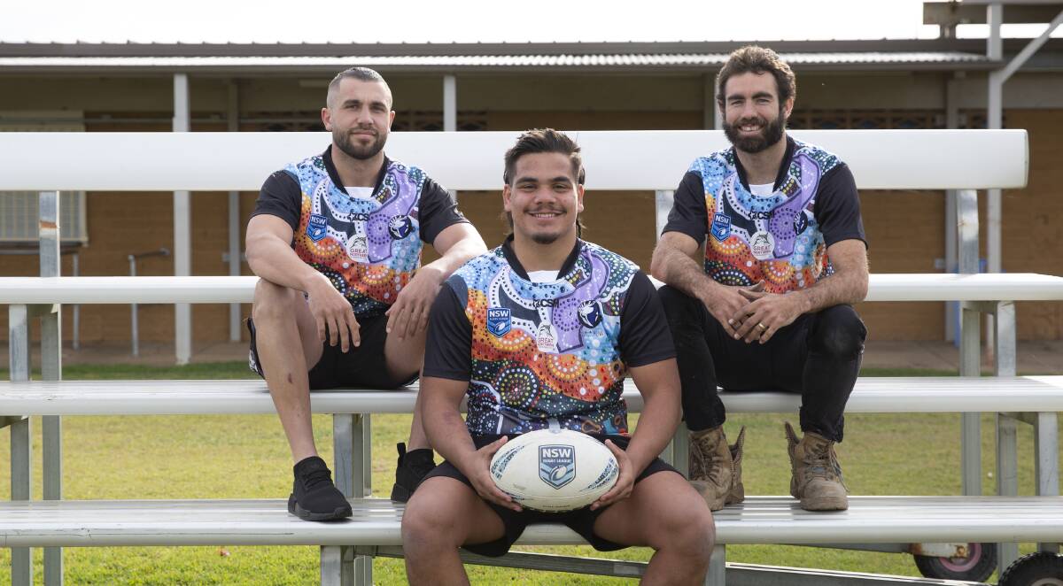 SPECIAL LOOK: Jesse Fitzhenry, Joel Tracey and Travis Smith in Southcity's NAIDOC Week jumpers to be worn in their clash with Albury at Harris Park on Sunday. Picture: Madeline Begley