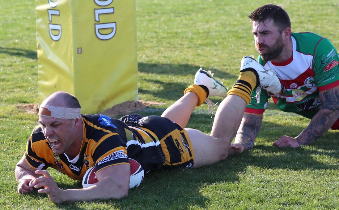 TRY TIME: Gundagai lock Luke Berkrey goes over for his second try to help the Tigers book another grand final appearance on Sunday. Picture: Les Smith