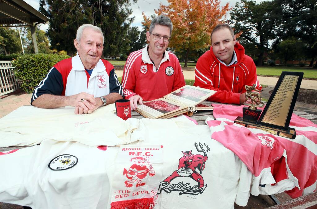 LOOKING BACK: CSU's first coach Ray Petts with reunion committee chairman Matt Wilkinson and current coach Paul Hood ahead of Reddies' 50-year anniversary celebrations this weekend. Picture: Les Smith