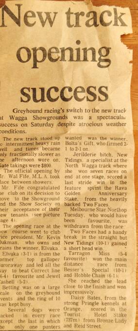 Clipping of The Daily Advertiser report into the opening of the greyhound track at the Wagga Showground in 1975 .