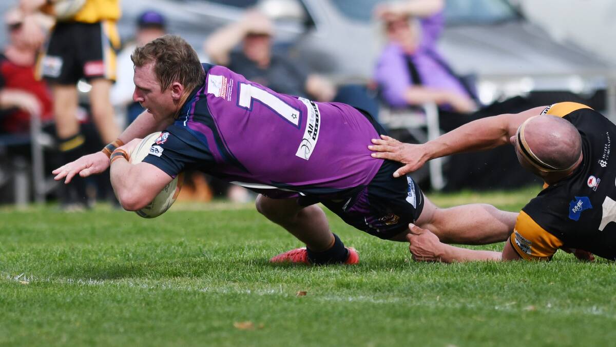 Kyle McCarthy scoring a crucial try in Southcity's major semi-final win over Gundagai.