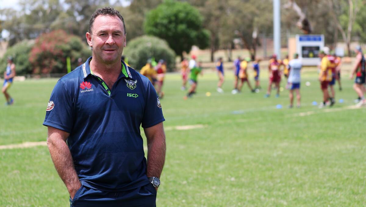 EXPERT EYE: Canberra Raiders coach Ricky Stuart ran part of the Riverina Academy training camp in Wagga over the weekend. Picture: Emma Hillier