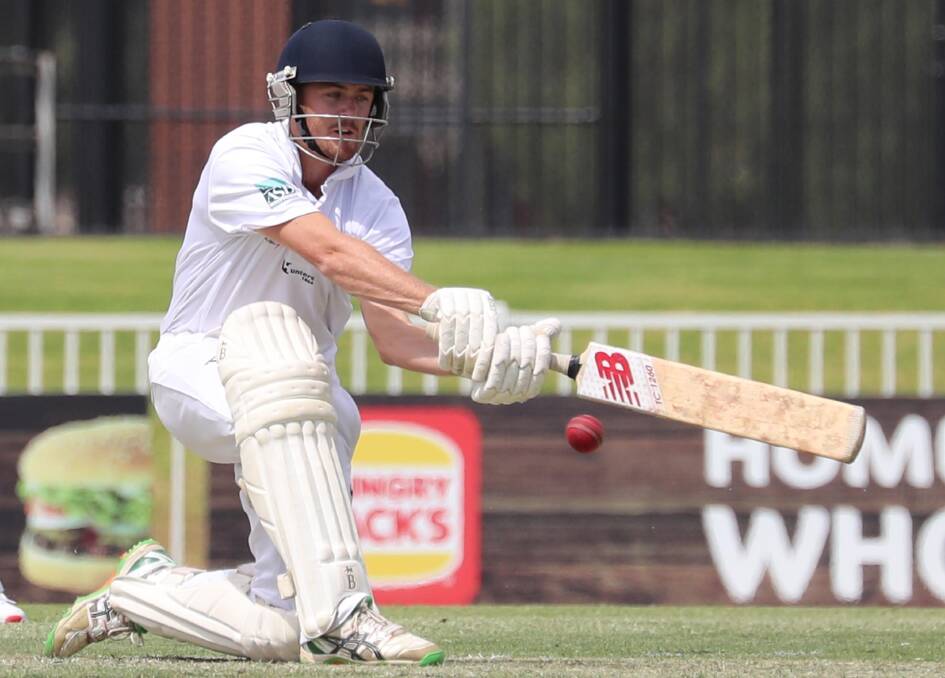 IMPORTANT POINTS: Nick Fahey looks to sweep as St Michaels jumped to fourth on the Wagga Cricket ladder after defending 140 against Wagga RSL. Picture: Les Smith