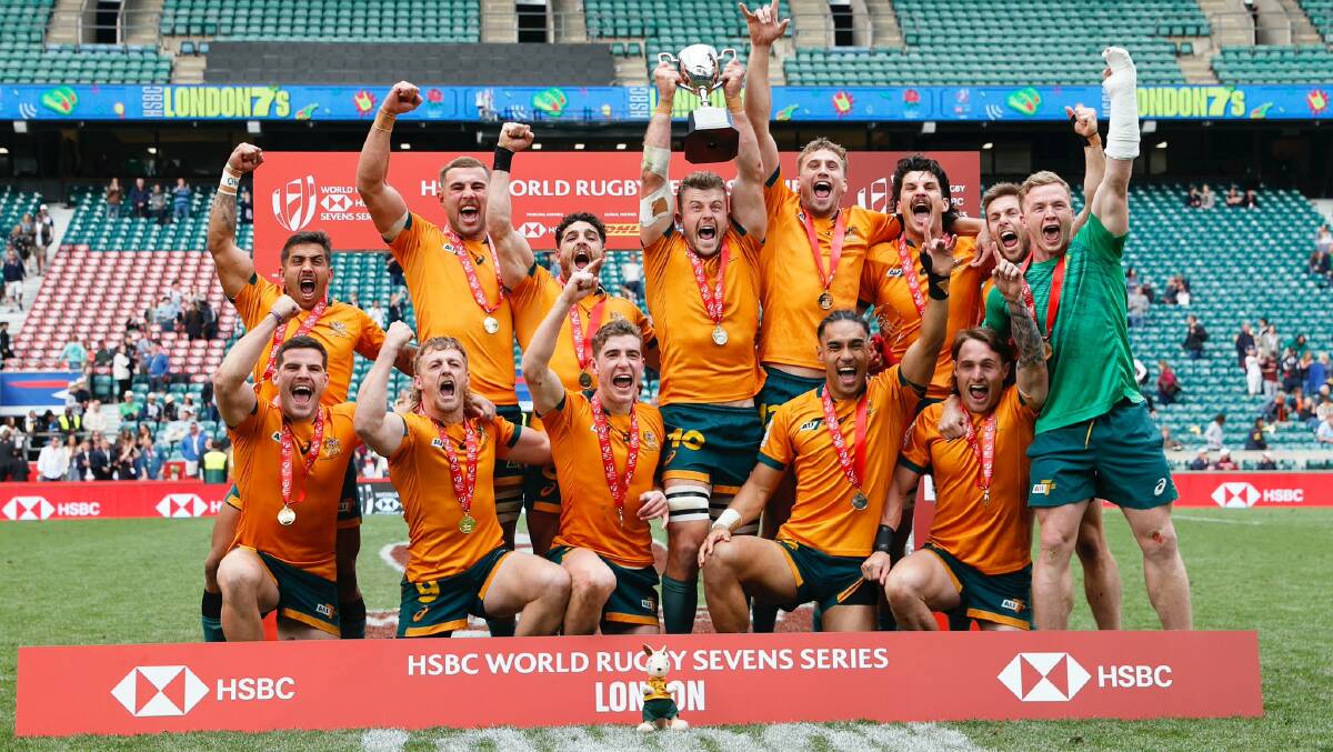 COMING OUT ON TOP: Australia's sevens team, which features Wagga products Max Burey, Stu Dunbar and Corey Toole, celebrate their World Series win in London.