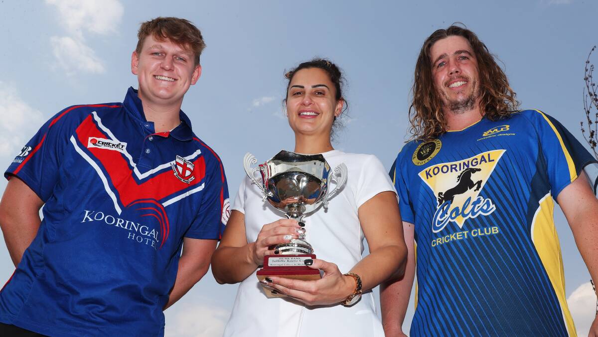 ON THE LINE: Kooringal Pharmacy's Sandra Skaf with what Saints captain Beck Frostick and Colts counterpart Keenan Hanigan are playing for.