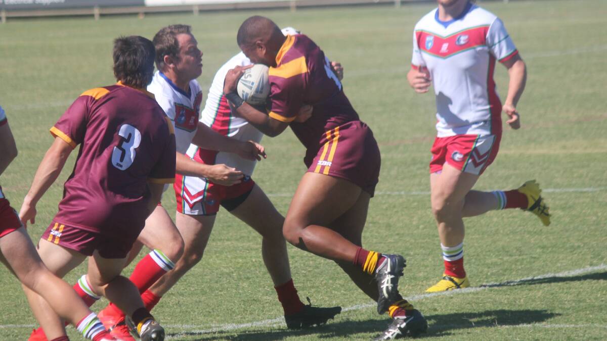 New Brothers recruit Apenisa Driti is met by the Monaro defence playing for Riverina last month. Picture by Matt Malone