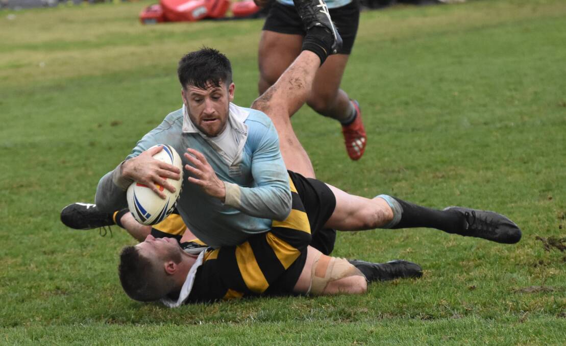 TRY TIME: Lachlan Bristow scores his second try to help Tumut to a 20-10 win over Gundagai at Anzac Park on Saturday. Picture: Courtney Rees