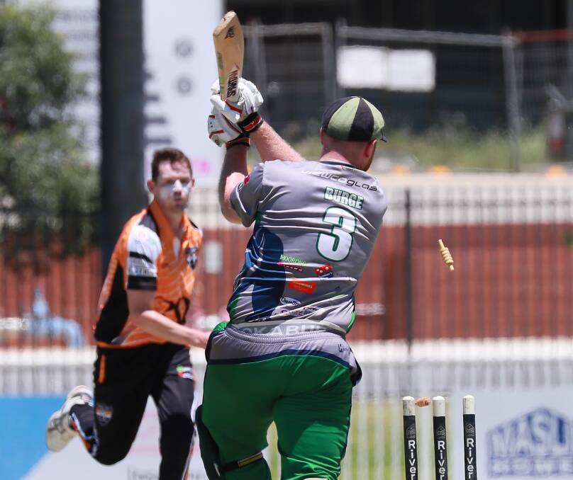 GOT HIM: Tim Cameron, pictured bowling Tom Burge on Saturday, will miss Wagga RSL's clash with Lake Albert on Thursday.