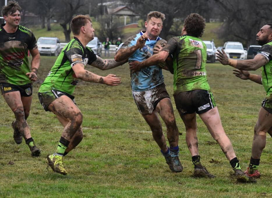 ON THE ATTACK: Dean Bristow tries to split the Albury defence during Tumut's win at Twickenham on Saturday. Picture: Courtney Rees