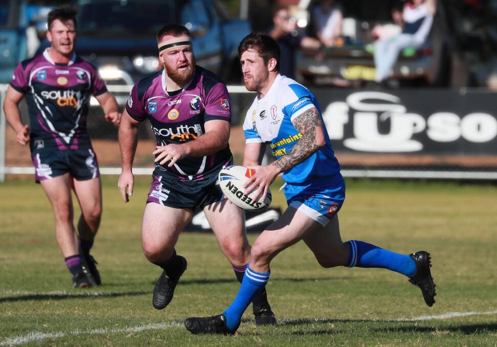 LEADING THE WAY: Lachlan Bristow cuts through Southcity's middle in a impressive display by the Tumut hooker on Sunday. Picture: Les Smith