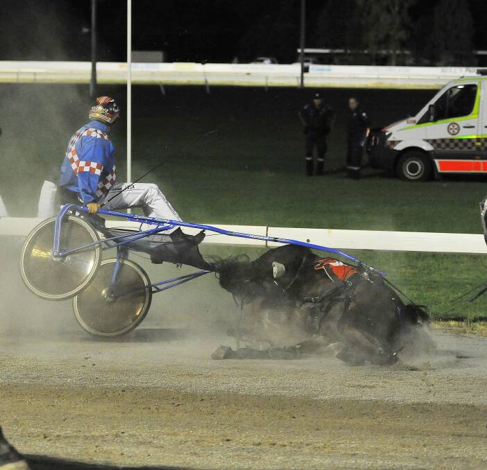 CRASH LANDING: Nathan Jack looks over his shoulder as pre-race MIA Breeders Plate favourite Jovial Rock falls on Friday night before being scratched by trainer Wayne Sullivan. Picture: Kieren L Tilly