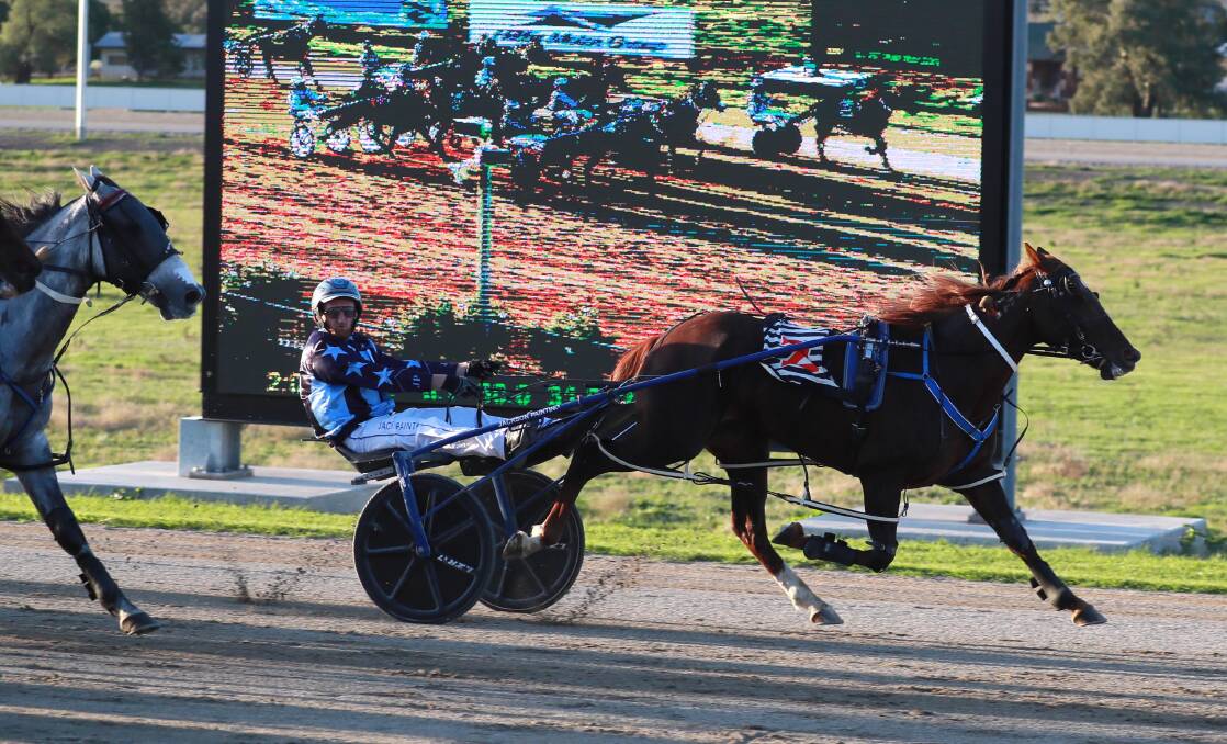 TOO GOOD: Georgie Martin comes down the sprint lane to give Jackson Painting and David Kennedy a double in the final race at Riverina Paceway on Friday. Picture: Les Smith