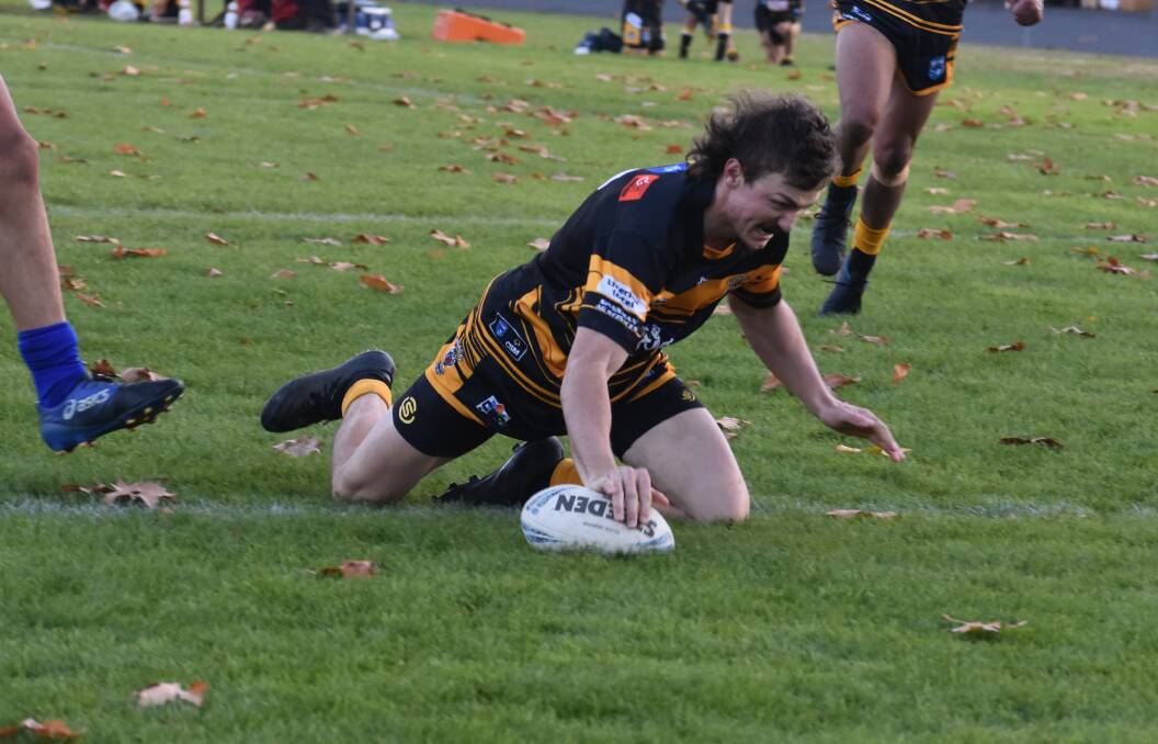 TRY TIME: Jack Elphick scores to help Gundagai remain unbeaten after a 32-20 win over Kangaroos at Anzac Park on Saturday. Picture: Courtney Rees