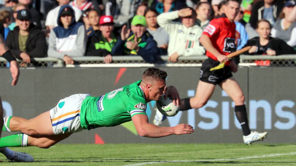 TRY TIME: Canberra's Jack Wighton crossed the line in front of a packed crowd at Equex Centre in the city's first NRL game in over two decades. The Raiders will host Newcastle Knights in Wagga on April 18. Picture: Les Smith