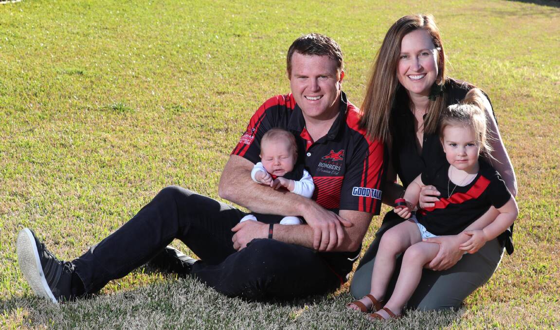 NEW FOCUS: Marrar reserve coach Jarrod Gornall is looking to go out a winner on Saturday as he prepares for life after footy with wife Rebecca and their children Hamish, six weeks, and Emme, 2. Picture: Les Smith