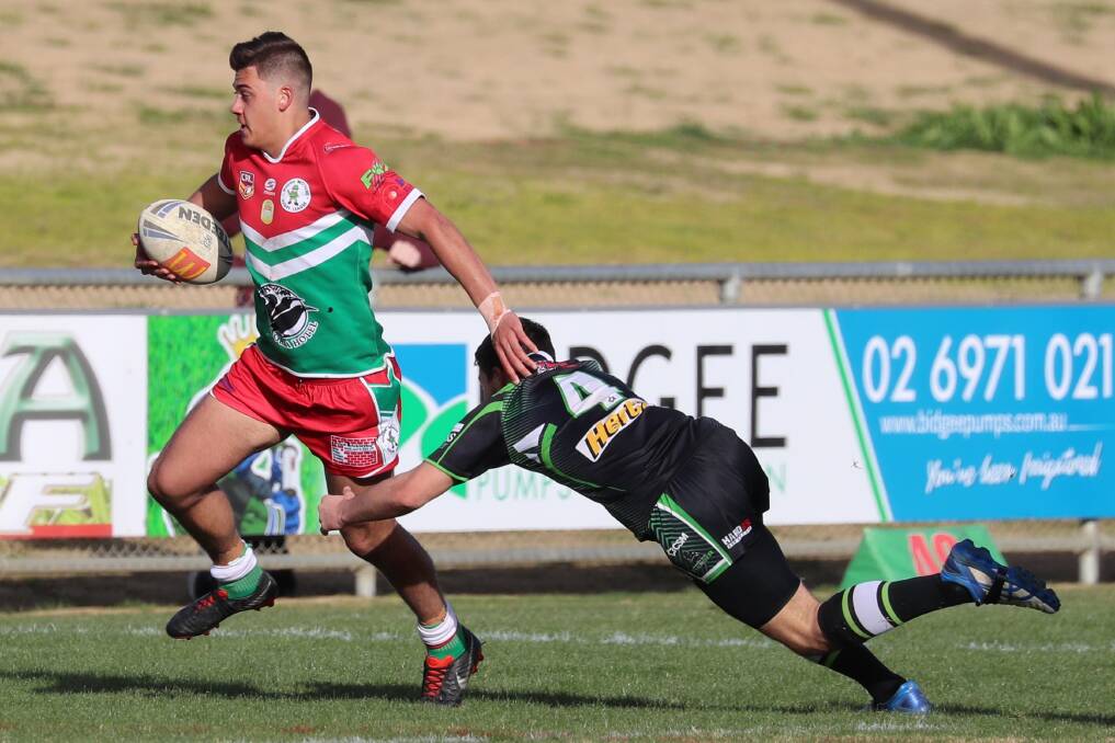 Jordan Little comes out of Brothers back line to tackle Gundagai on Sunday.