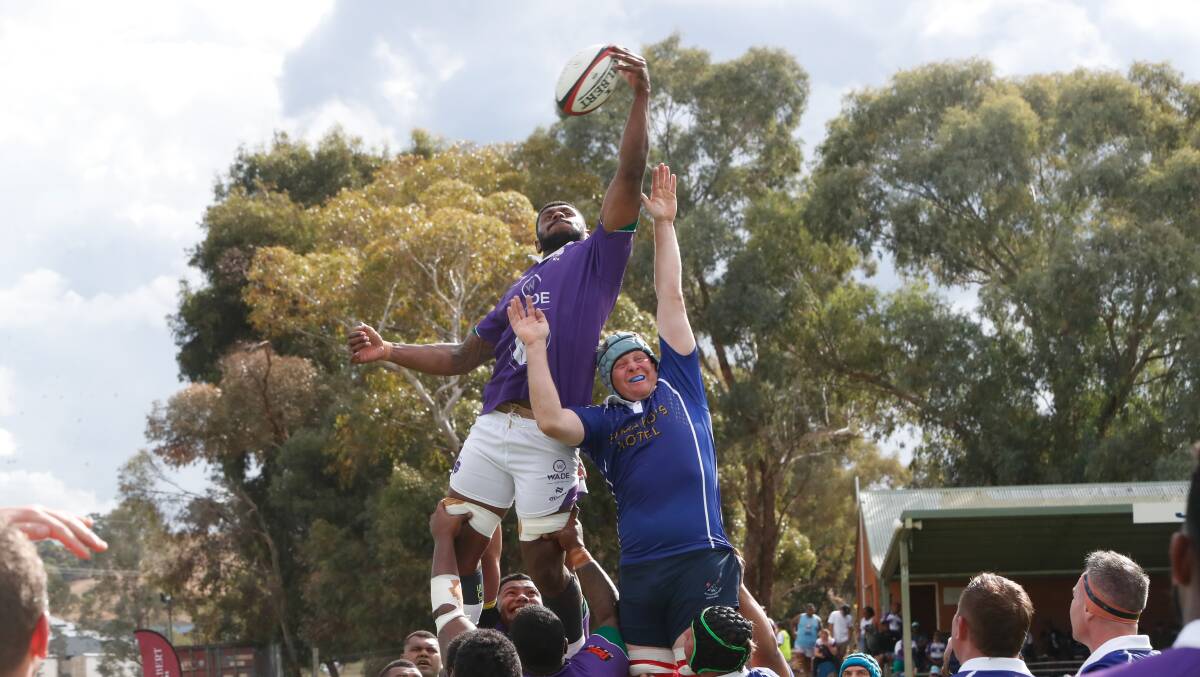 Mesulame Navakaya and Toby Pitts go up for a line out in Leeton's win over Waratahs at Conolly Rugby Complex on Saturday. Picture by Tom Dennis