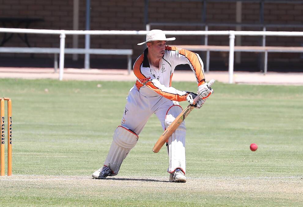 STILL GOING STRONG: Wagga RSL captain James Richards defends a ball during his team's win over Kooringal Colts at McPherson Oval on Sunday. Picture: Kieren L Tilly