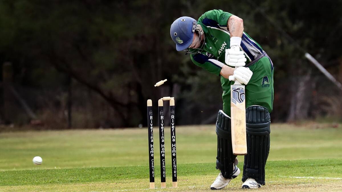 GOT HIM: Jon Nicoll is bowled
but fought back to take five wickets
in Wagga City's win over Lake Albert
on Saturday. Picture: Les Smith