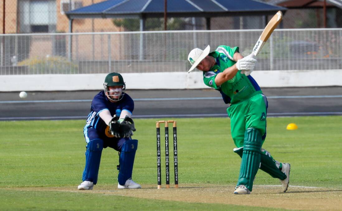 Aaron Maxwell blasts off another shot on his way to an unbeaten 49 in Wagga City's win over South Wagga at Wagga Cricket Ground on Saturday. Picture by Les Smith