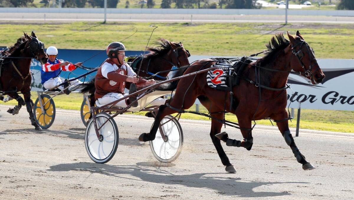 AWAY SHE GOES: Bated Breath runs past her rivals to secure a winner debut as part of a double for trainer-driver Brett Woodhouse. Picture: Les Smith