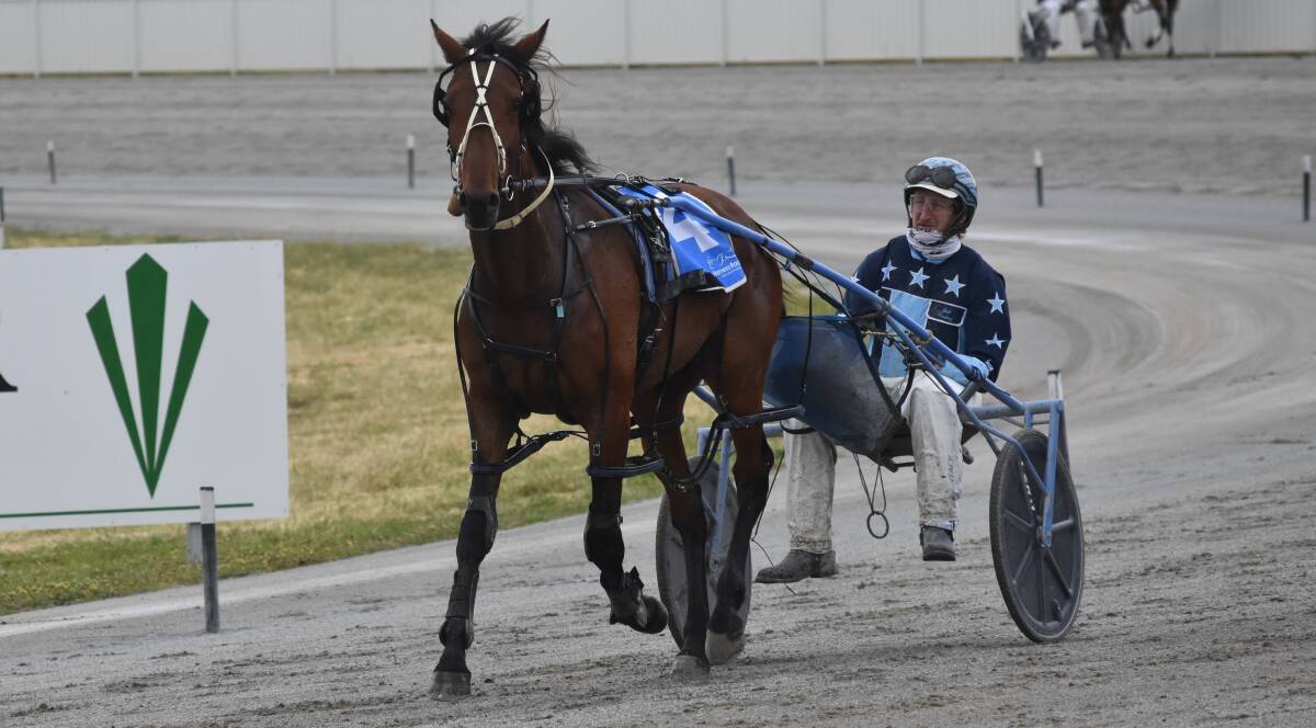 HOLDING ON: Jackson Painting returns after Arties Dime held on for a narrow win at Riverina Paceway on Friday to qualify for the NSW Breeders Challenge semi-finals. Picture: Courtney Rees