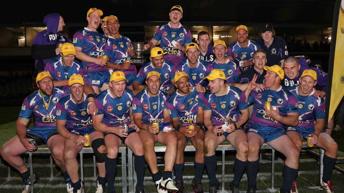 DOUBLE ACT: Southcity celebrate their second straight grand final win over Gundagai after scoring a 16-point win on Saturday.
