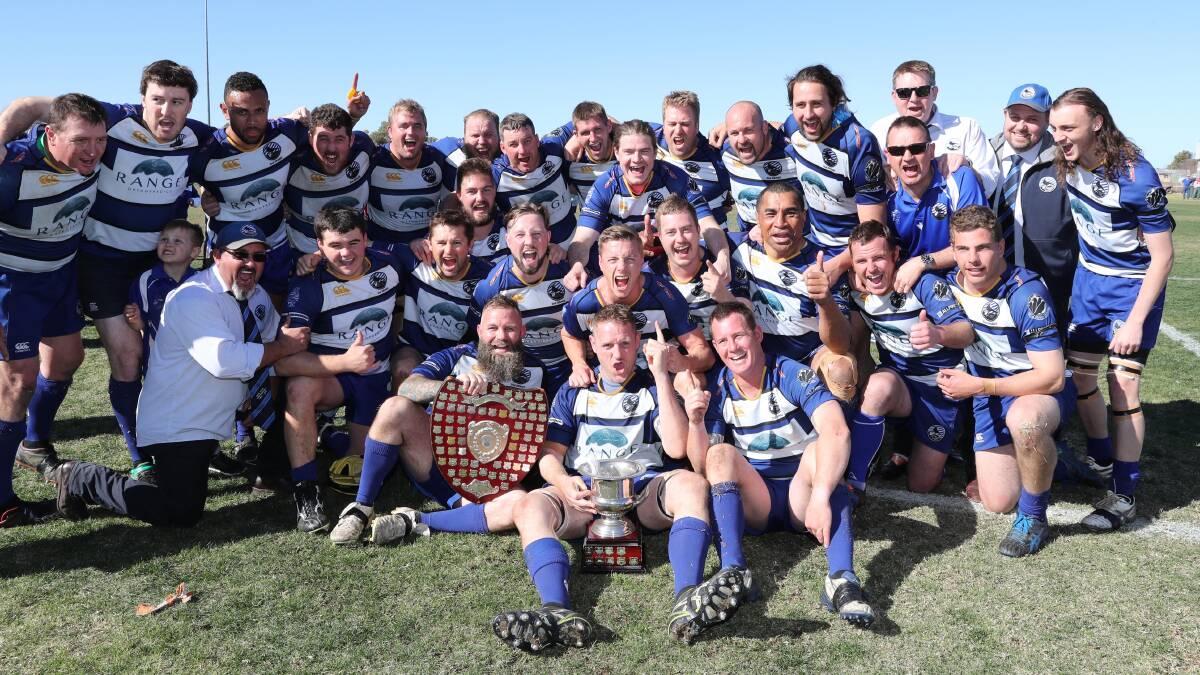 PARTY TIME: Wagga City celebrates their second grade premiership after taking a 22-17 win over Waratahs on Saturday. Picture: Les Smith