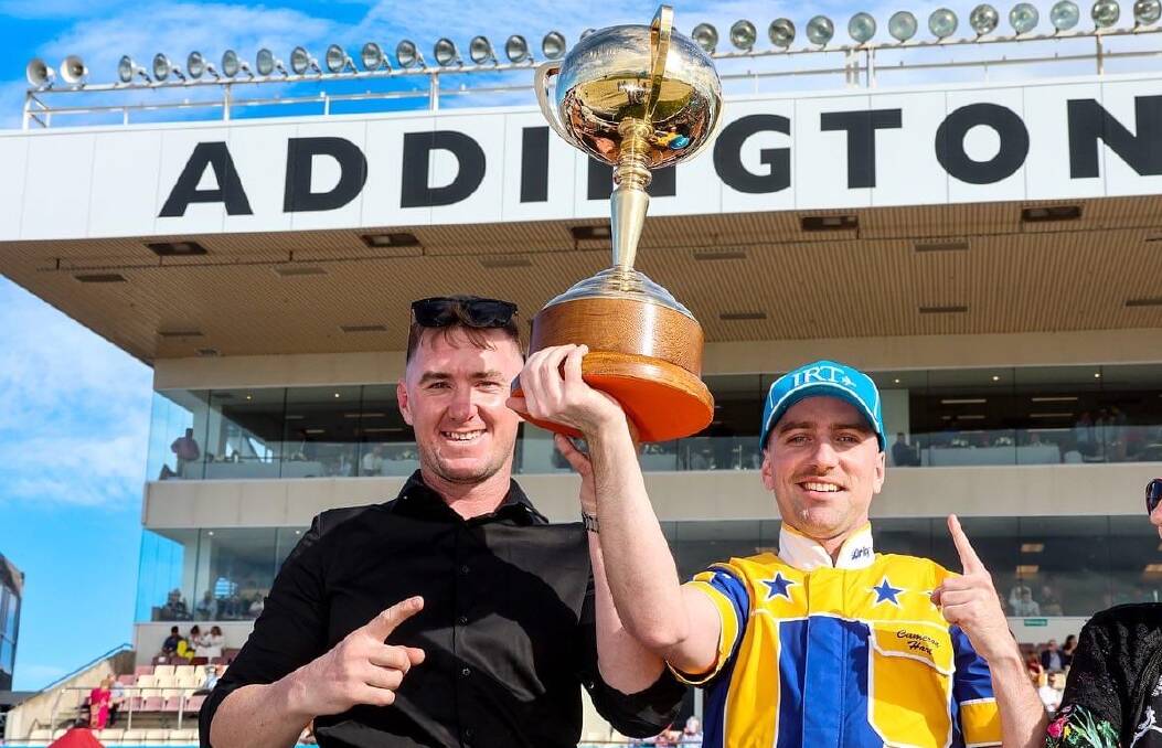 Former Riverina horsemen Jason Grimson and Cameron Hart, pictured after winning the New Zealand Cup, after looking for more success with Swayzee in the Inter Dominion Pacing Championship at Albion Park on Saturday. Picture courtesy of Addington Raceway