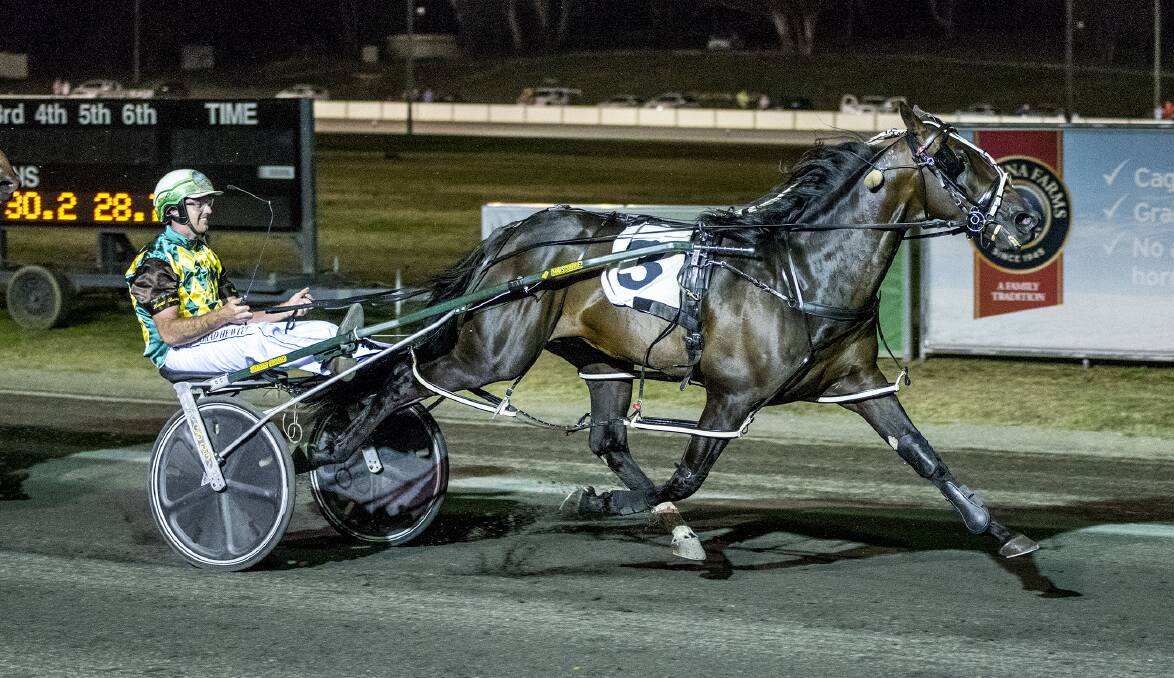 HAT-TRICK: Spare Me Days and Goulburn trainer-driver Brad Hewitt made it three straight wins in the Young Pacers Cup on Saturday night. Picture: Ashlea Brennan