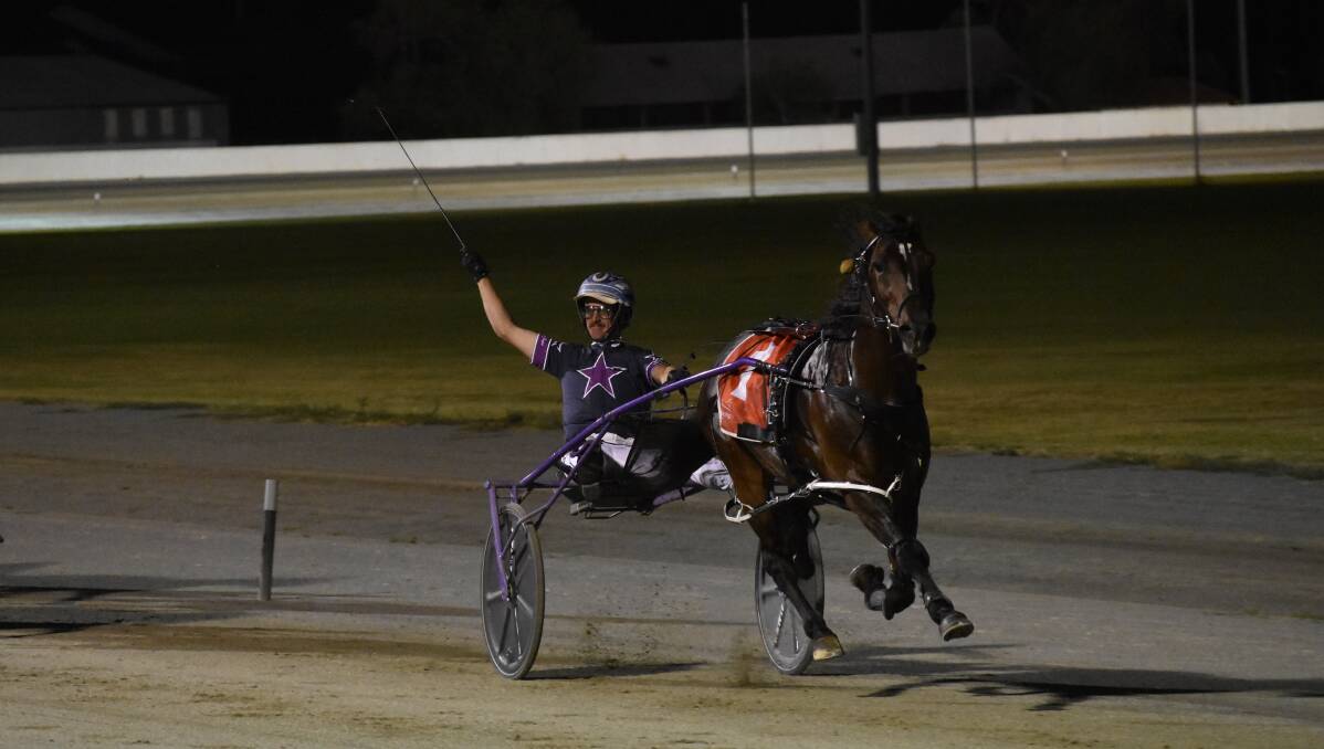 BIG SALUTE: Blake Jones celebrates as Sugar Apple heads to the line in the MIA Breeders Plate Final on Sunday night. Picture: Courtney Rees