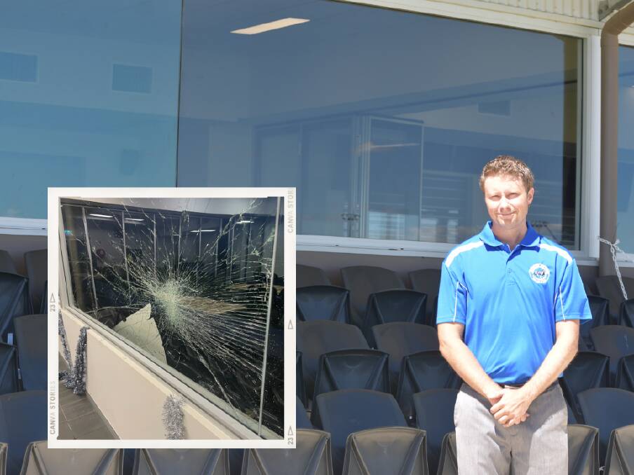 BACK ON TRACK: Wagga chief executive Greg Gangle at the repaired Riverina Pacway clubhouse after thunderstorm damage (inset) earlier this month. Picture: Courtney Rees