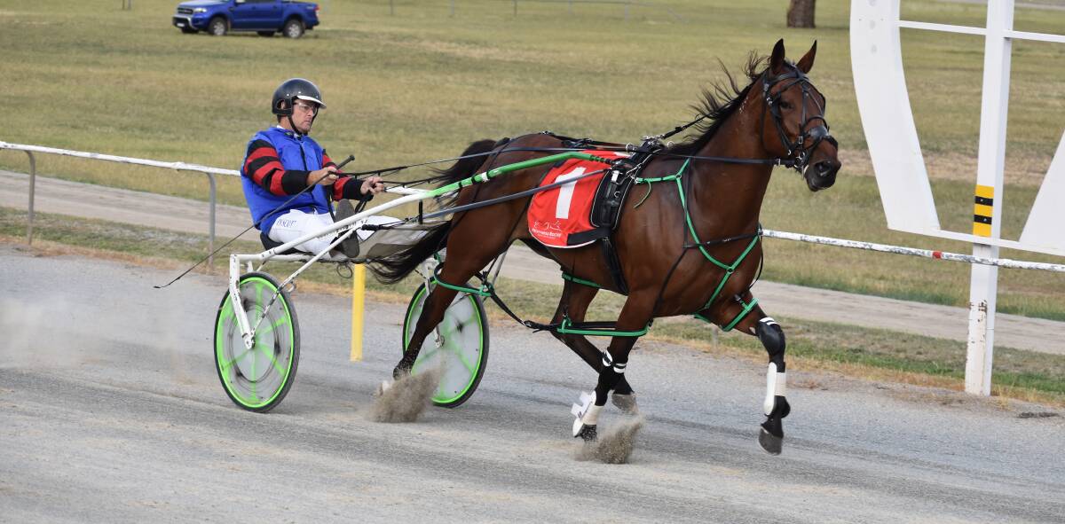 WINNING EFFORT: Braedos Babe led all the way to score her second win for the week for Albury reinsman John Scott at Junee on Wednesday night. Picture: Courtney Rees