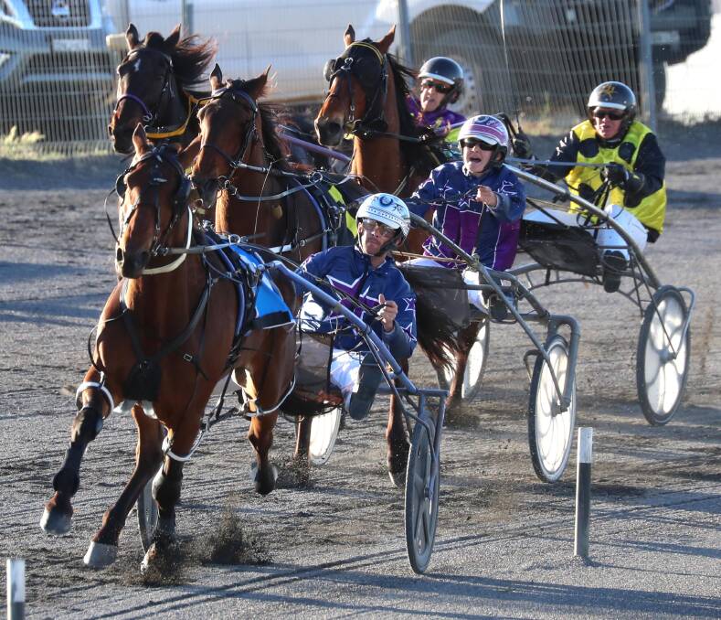 SKIPPING AWAY: Prince Potter defies stablemate Random Task to take out the first race for driver Peter McRae and trainer Ellen Bartley. Both scored trebles at Wagga on Saturday night. Picture: Les Smith